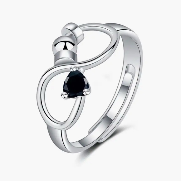 Ring Dainty Black Stone Adjustable Infinity Fidget Silvery. All Occasions/Sizes - Picture 2 of 3